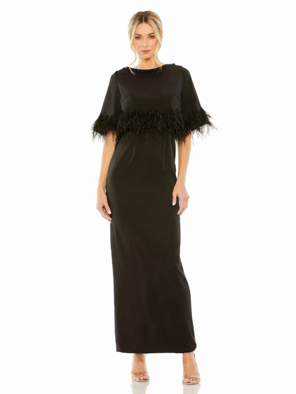 Mac Duggal Size 8 Black 11787 Quarter Sleeve Crystal Neck Feather Gown Dress